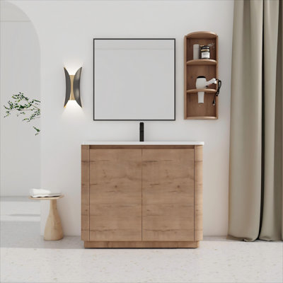 Meuble-lavabo autoportant contemporain avec lavabo en céramique, 2 portes à fermeture douce et support de rangement