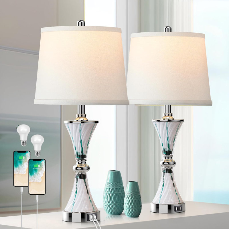 Touch Control Table Lamp For Bedrooms 3 Way Dimmable White Drum Shade Modern Bedsides Nightstand Lamp Set Of 2 With 2 USB Charging Port(Bulbs Included)