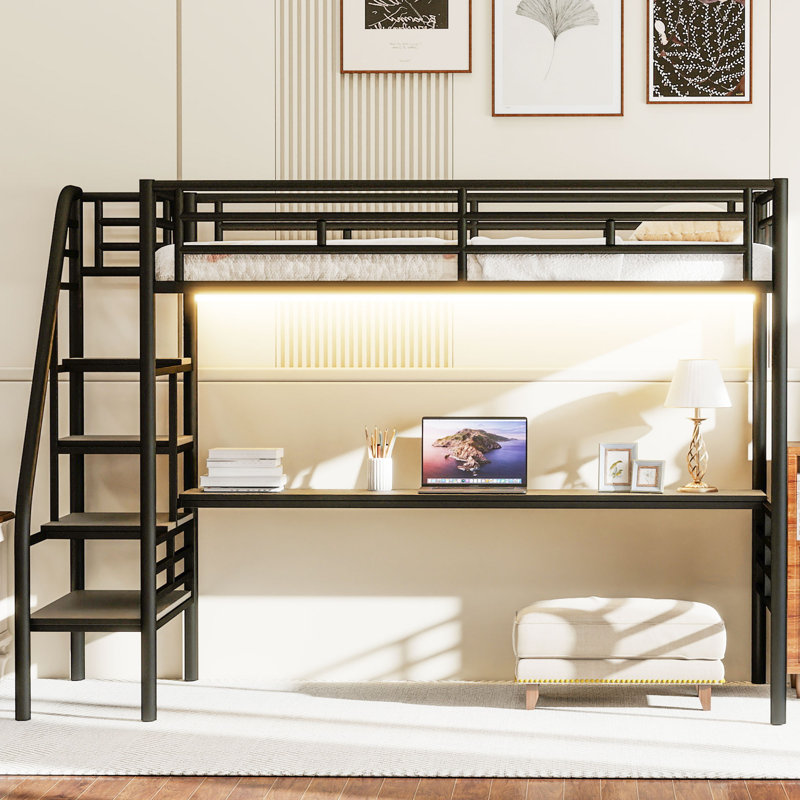 Lit mezzanine simple en métal avec bureau intégré et lumières DEL - aucun sommier requis