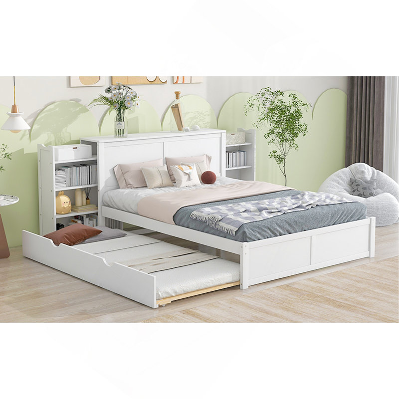 Grand lit plateforme avec rangement et tablettes gigognes TG, blanc