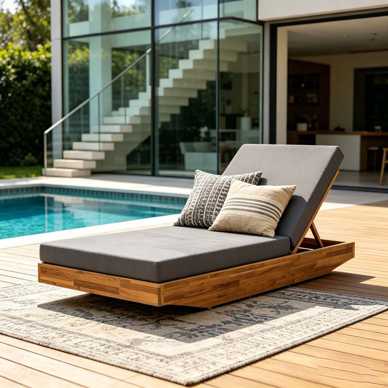 Chaise longue en bois avec coussin, Teck + gris foncé
