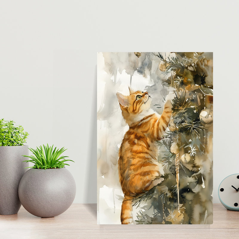 «Curious Christmas Kitten Playful Abstract Contemporary Christmas Tree Pine Tree Winter Landscape Art mural»