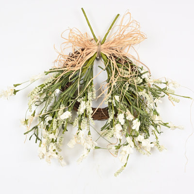 22" Artificial Farmhouse Spring Summer Blossoms Cluster Greenery Grass Wildflower Berry Floral Wreath For Front Door