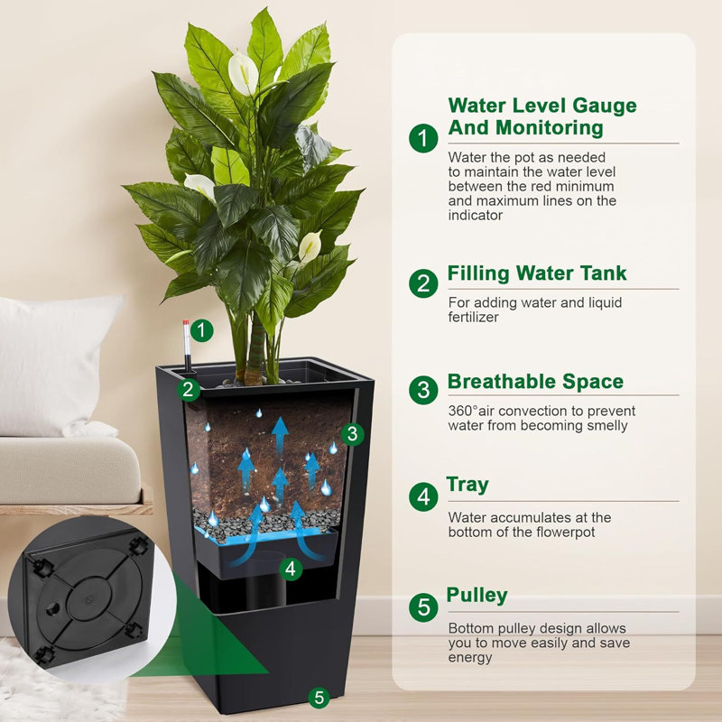 30 Inch Tall Rectangular Planters Set of 2, with Drainage Holes&Water Level Monitor&Wheels, Black
