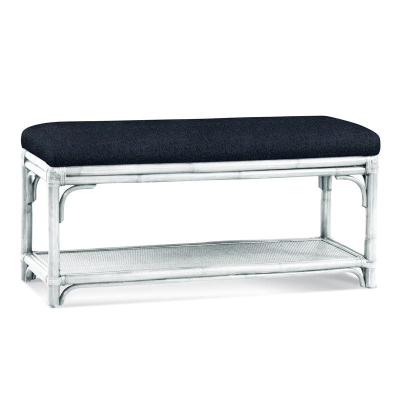 Summer Retreat Wicker Shelf Storage Bench, Frost White, Green and Blue Stripe; 0252-54