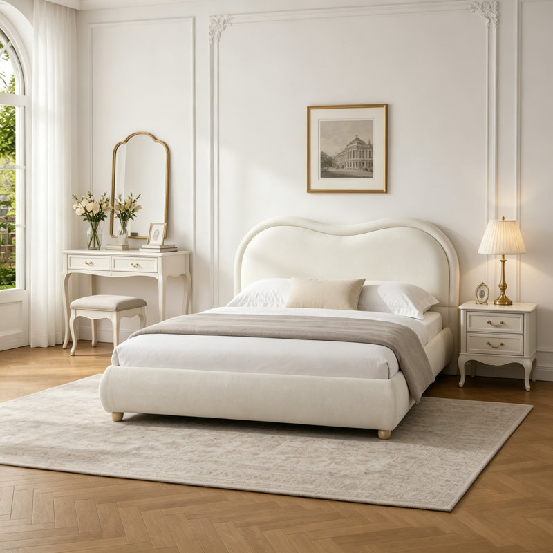 Grand lit plateforme tapissier avec tête de lit courbée, Grand lit, Beige