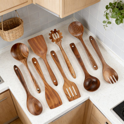 Premium 9-Piece Teak Wooden Utensil Set For Cooking - Ergonomic Comfort Grip, Heat Resistant, Non-Stick Safe & Easy To Clean Kitchen Tools