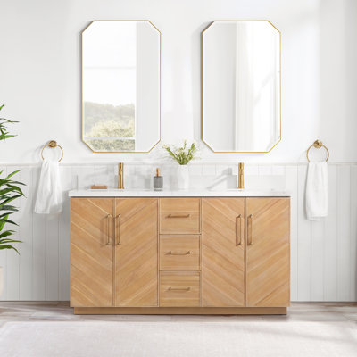 Meuble-lavabo double Hayter en gris classique d'acacia avec plateau en pierre composite grain blanc