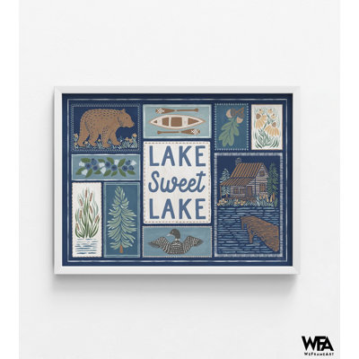 «Lakeside Days VI Blue» par Laura Marshall, œuvre de chalet familial, décor de maison d'été, affiche tactile bleu marine, affiche de canot