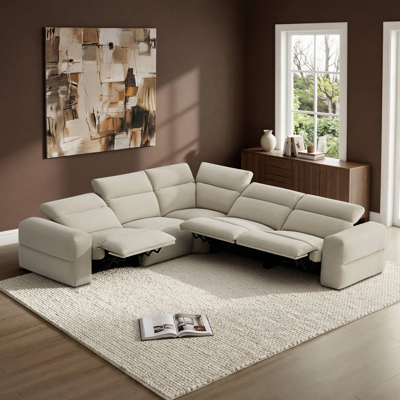 Canapé inclinable électrique de 125 po avec motif mural zéro et tissu 100% polyester, Polyester gris crème