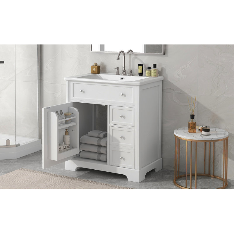 Meuble-lavabo de 30 po avec comptoir d'évier, meuble-lavabo avec porte et deux tiroirs, panneaux de fibres à densité moyenne, bois massif, un paquet, blanc (ancien numéro de référence: N725P198484K)