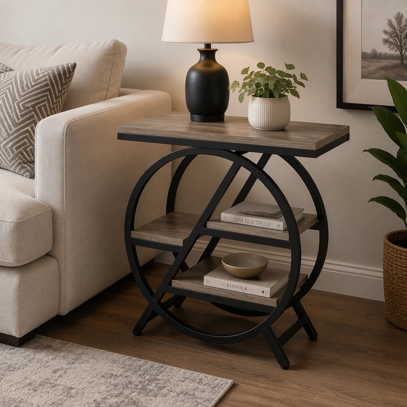 Table d'appoint industrielle à 4 niveaux avec tablettes décalées pour un rangement compact et un salon polyvalent., Gris