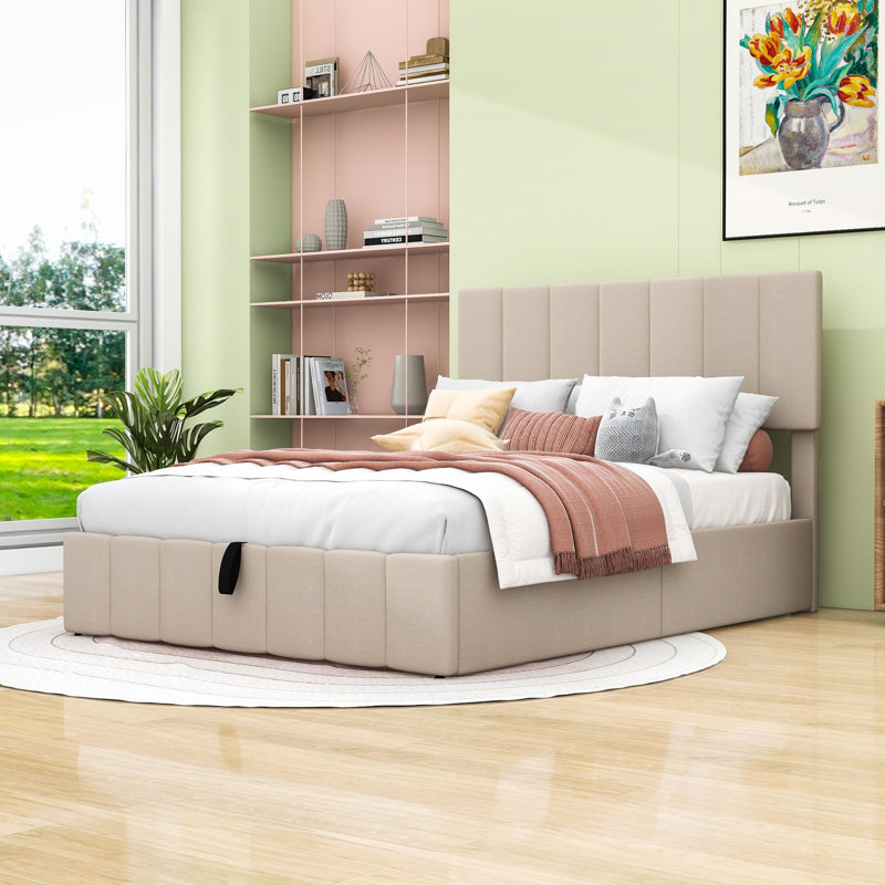 Pearce Upholstered Platform Bed with Storage, Full, Beige