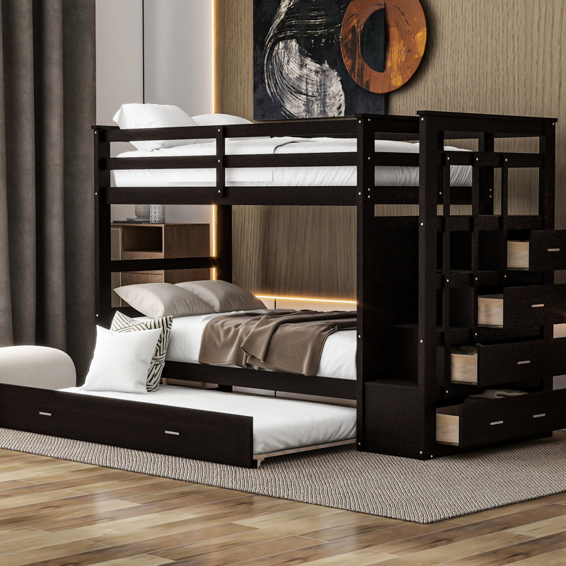 Lit superposé Twintwin avec escalier pratique et rangement - Construction en pin massif avec abat-jour gigogne en bois pour une chambre