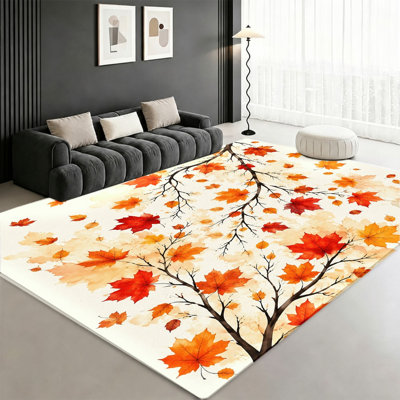 Fall Maple Leaf Machine Washable Area Rug with Non‑Slip Backing, Watercolor Style Autumn Tree Branch Pattern Floor Carpet, Cozy Indoor Home Decor for Living Room, Bedroom, Entryway, Kitchen, Apartment