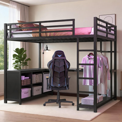 Bed Frame for Small Dorms and Bedrooms, Full Size Storage Integrated Metal Loft Bed, Jet Black with Wardrobe and L-Shaped Desk