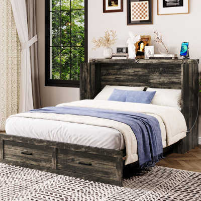 Grand lit avec rangement et station de charge, lit armoire pliable, gris rustique, armoire grise idéale pour les maisons compactes, rangement multifonctionnel, plateforme