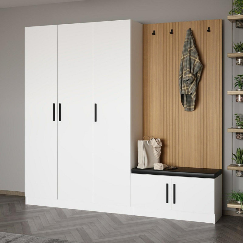 Modern Hall Stand, White, 88.6 x 82.7 x 13.8 inches | 100% Melamine Coated Particle Board, Thickness: 0.7 inches | Stylish & Functional Design for Entryway Organization | Perfect for Contemporary Homes