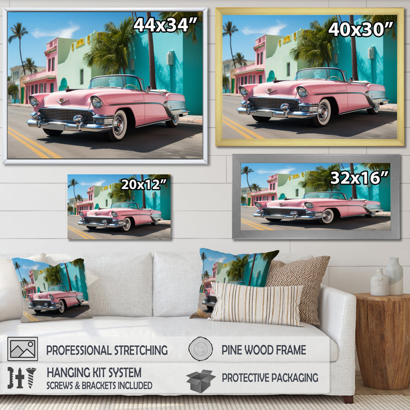 «Miami Miami Cadillac II», art mural sur toile Miami, H 16 po x l 32 po x P 1 po, Cadre simple noir
