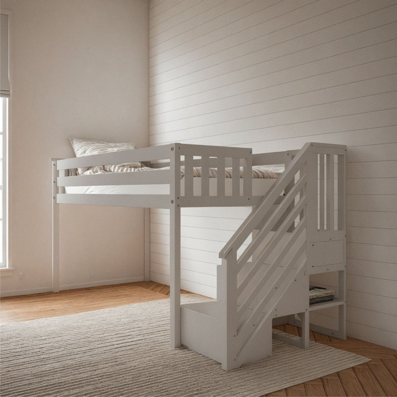 Twin Solid Wood Slat Loft Bed with Staircase, White