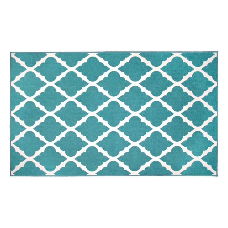 Moroccan Trellis Teal Performance Flatweave Washable Indoor / Outdoor Rug, Rectangle 3' x 5'