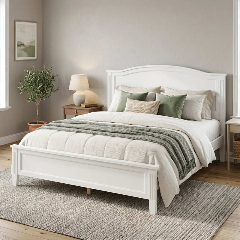 Structure de lit plateforme en bois massif blanc pleine grandeur avec tête de lit incurvée, capacité de 600 lb, aucun sommier requis, assemblage facile, structure de lit classique pour la chambre à coucher
