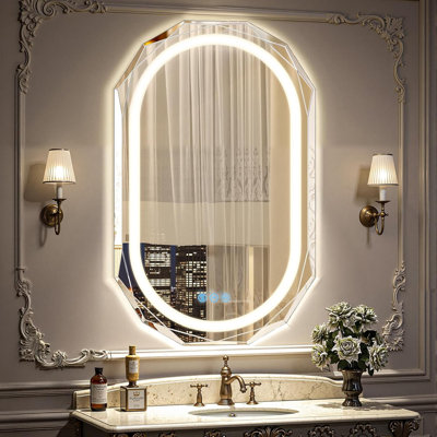 Miroir de salle de bain 24 po x 36 po à DEL avec lumières, miroir de salle de bain sans cadre à DEL avec rebord biseauté, anti-buée rétroéclairé, à intensité variable, 3 couleurs, fonction mémoire, verre trempé, incassable