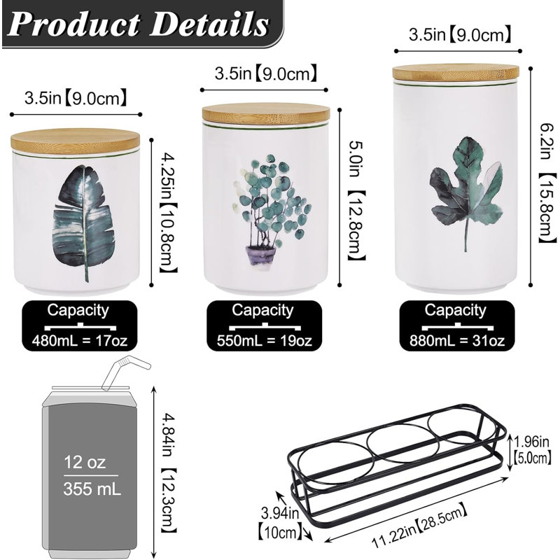 Green Ceramic Kitchen Canisters Set with Bamboo Lids and Tiered Shelf