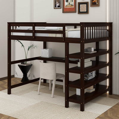 Lit mezzanine double avec tablettes et bureau