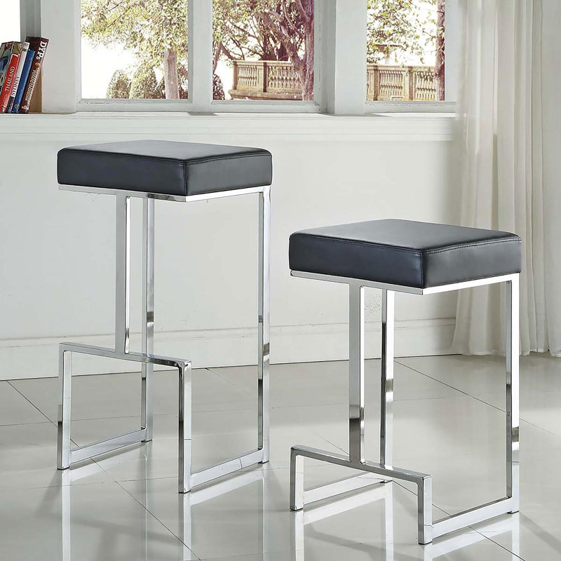 Black And Chrome Upholstered Counter Height Stool, Gray