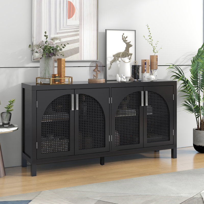 Black 60'' MDF and Rattan 4-Door Sideboard