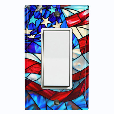 Metal Light Switch Plate Cover; US Standard Size 1 Gang GFI Rocker - Printed Image of Stained Glass American Flag