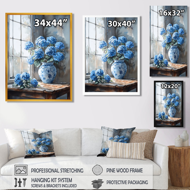 Hortensias dans une nature morte scène II - hydrangées, art mural, Brun, Impression encadrée sans passe-partout