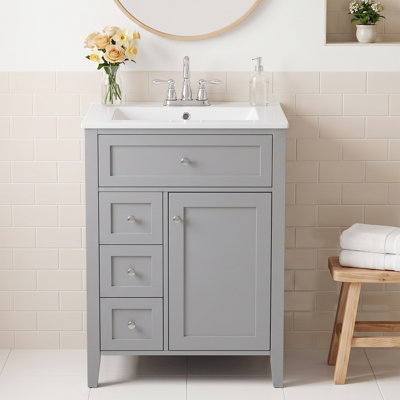 Meuble-lavabo intégré autoportant en céramique blanche 24 po avec armoire en panneau de fibres à densité moyenne gris, bois d'hévéa massif, 3 tiroirs avec glissière de tiroir, 1 porte avec charnières, 1 tiroir rabattable, poignée en métal argenté, sans robinet, trois trous, ensemble central de 4 po, Gris, finition peinte