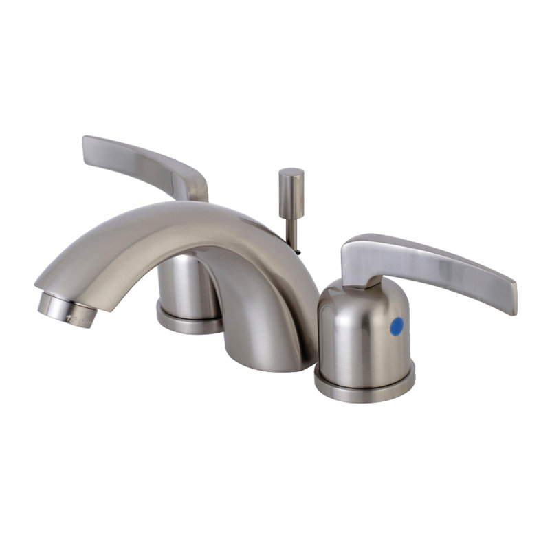 Kingston Brass Centurion Two-Handle 3-Hole Deck Mount Mini-Widespread Bathroom Faucet with Plastic Pop-Up, Brushed Nickel