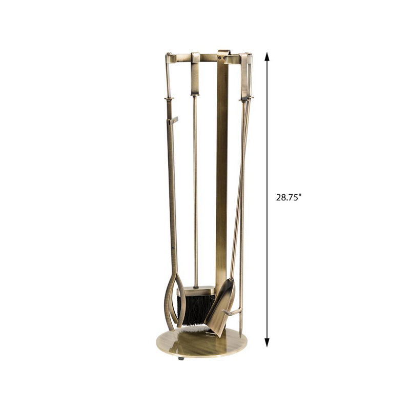 Aged Brass Steel Fireplace Tool Set with Brush, Shovel, Poker, Tongs, and Stand