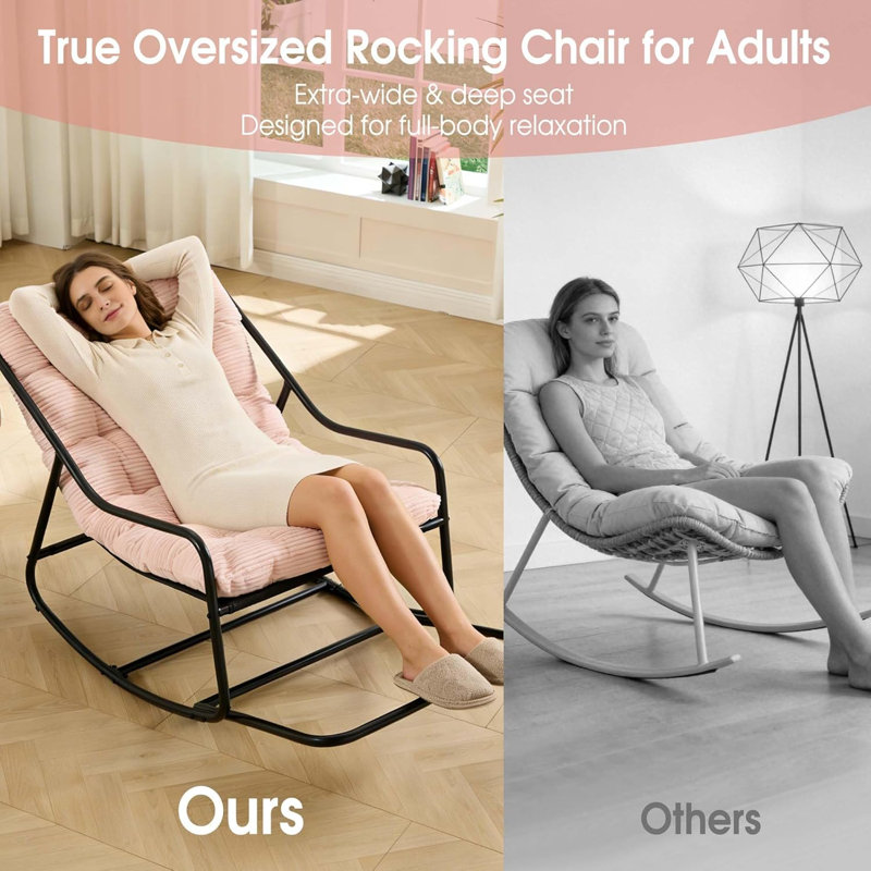 Chaise berçante d'extérieur pour patio avec coussin amovible et repose-pieds, Velours côtelé rose