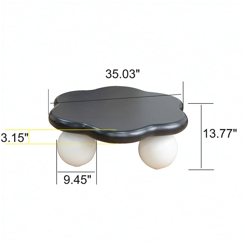 Table basse de 35 po en forme de nuage de couleur contrastante, table basse minimaliste moderne en forme de pétale avec pieds sphériques, table de salon pour petit appartement adaptée aux enfants et aux animaux, pieds noirs