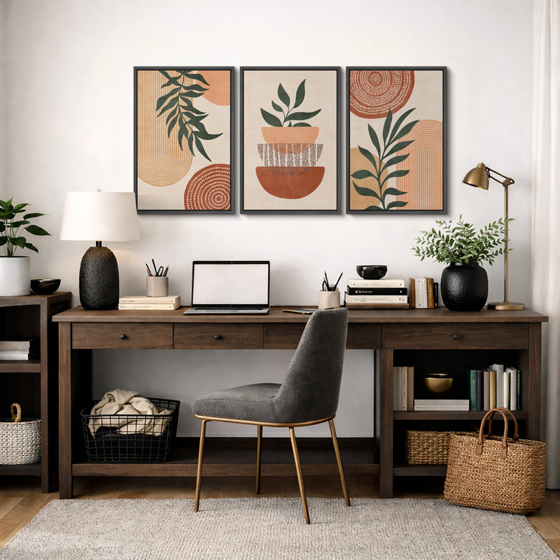 «Mid Century Modern Boho Geometric Polygon Palm Leaf», ensemble de 3 impressions sur toile, Noir