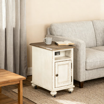 French Country End Table With Electrical Outlets & USB Ports | Charging Station Side Table With Cabinet Storage And Open Shelf | Cottage Style Distressed Wood Finish