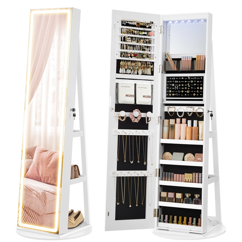 Armoire à bijoux à DEL avec armoire à bijoux verrouillable sur pied avec miroir pleine longueur et lumières DEL réglables