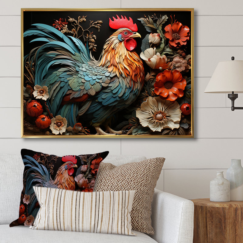 Art mural coq moderne avec coq moderne, Cadre flottant doré, H 12 po x l 20 po x P 1 po