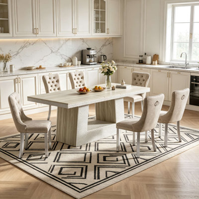 63-94.5" Extendable Dining Table Set for 6 with Wooden Trapezoidal Base, Extendable Dining Tabletop, 6-10 Seats, Hammered Design, Mid-Century Modern R