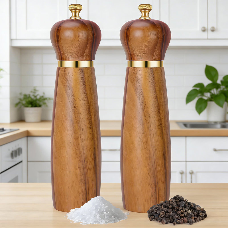 Ensemble de moulins à sel et à poivre en bois d'acacia - Moulins manuels réglables de 8 pouces avec noyau en céramique antirouille, paquet de 2 moulins à épices rechargeables pour la cuisine et la salle à manger