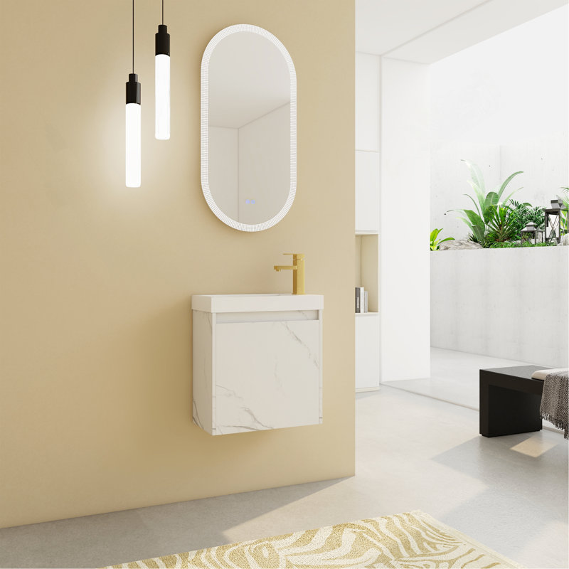 Meuble-lavabo mural élégant avec lavabo en résine et porte à fermeture en douceur