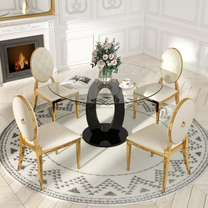 Modern Round Tempered Glass Pedestal Dining Set with Velvet Tufted Dininig Chair, Beige/Gold, Black