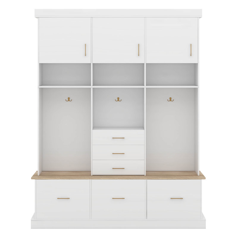 Hall Tree With Bench, 75" H Entryway Storage Organizer With Coat Hooks, 6 Drawers & 3 Cabinets And 3-Tier Top Storage, Mudroom Furniture