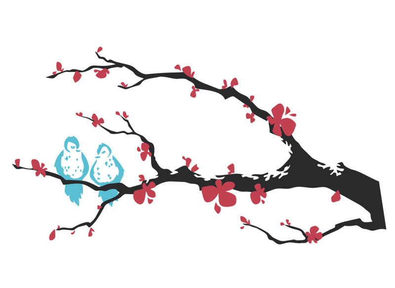 Décalcomanie murale branche arbre love oiseaux, H 21 po x l 40 po x P 0,01 po, Rouge / bleu