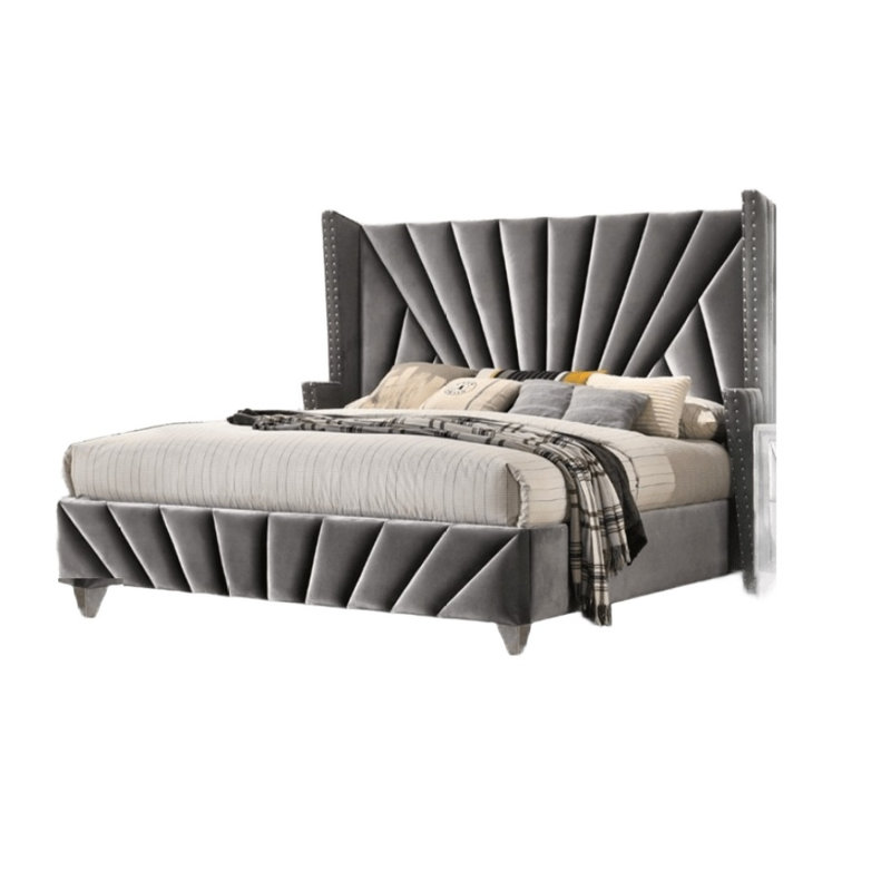 Bedroom Wingback Headboard 1Pc Yoel Size Bed Furniture Gray Fabric Upholstered Unique Beautiful Bed, Queen