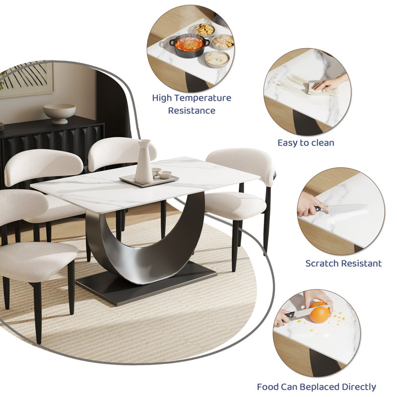 Table de salle à manger rectangulaire moderne en pierre frittée avec base piédestal, H 29,21 po x L 55,11 po x l 31,5 po